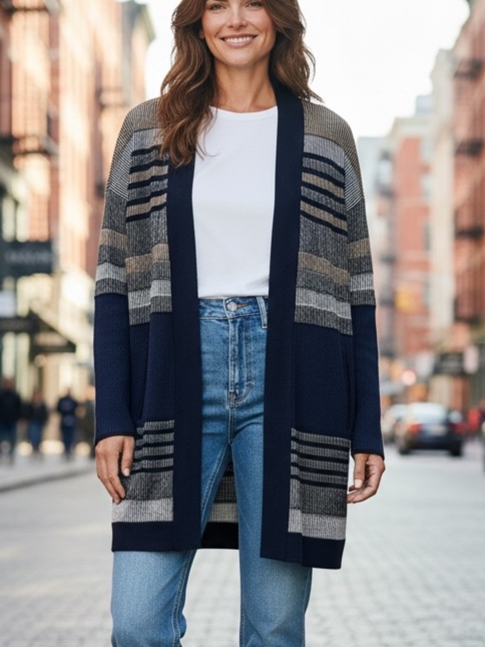 St. John Long Wool Cardigan Sweater Black Blue Tan Stripe Pockets Women’s M